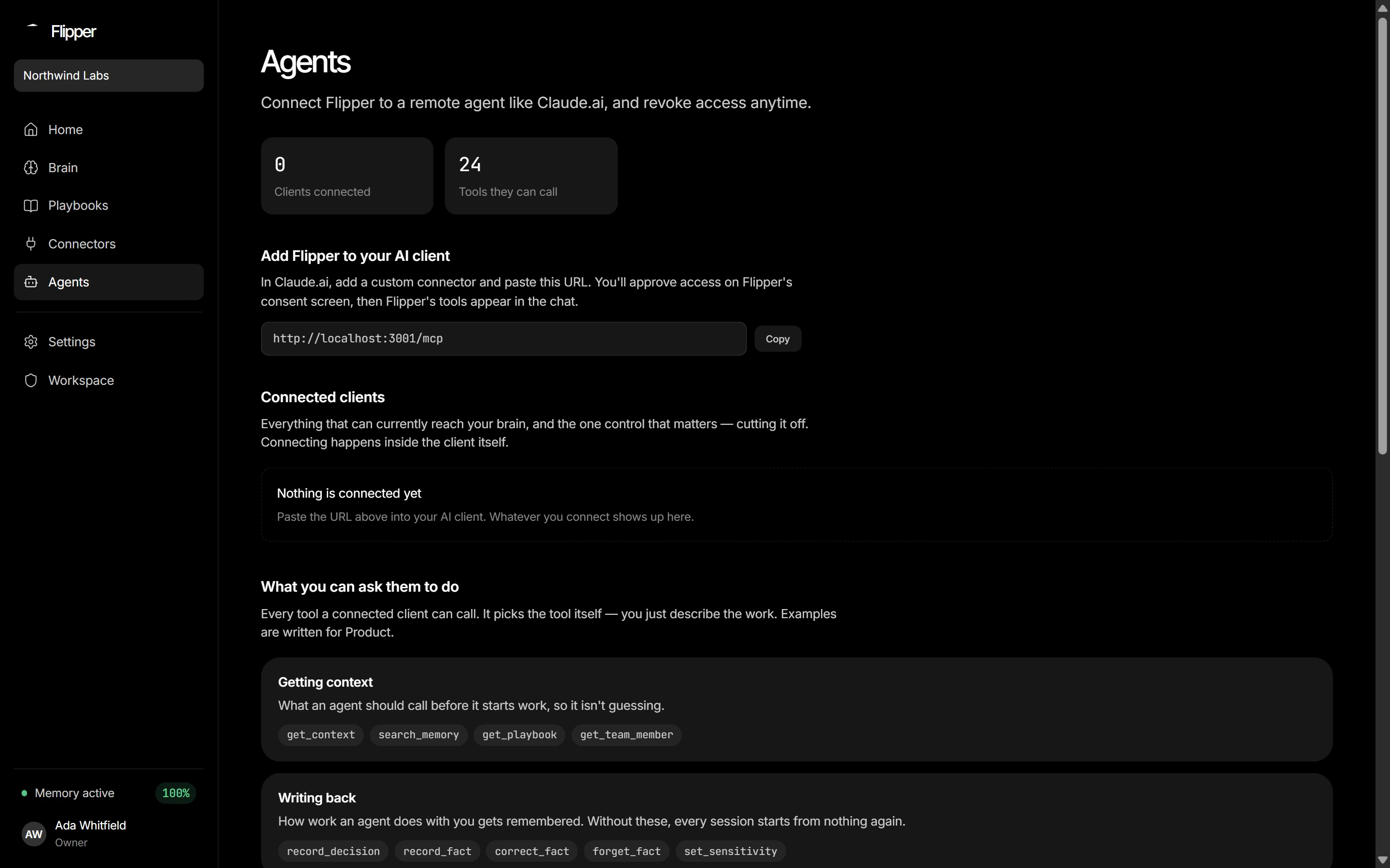 Agents lists every connected client, with a Revoke action on each.