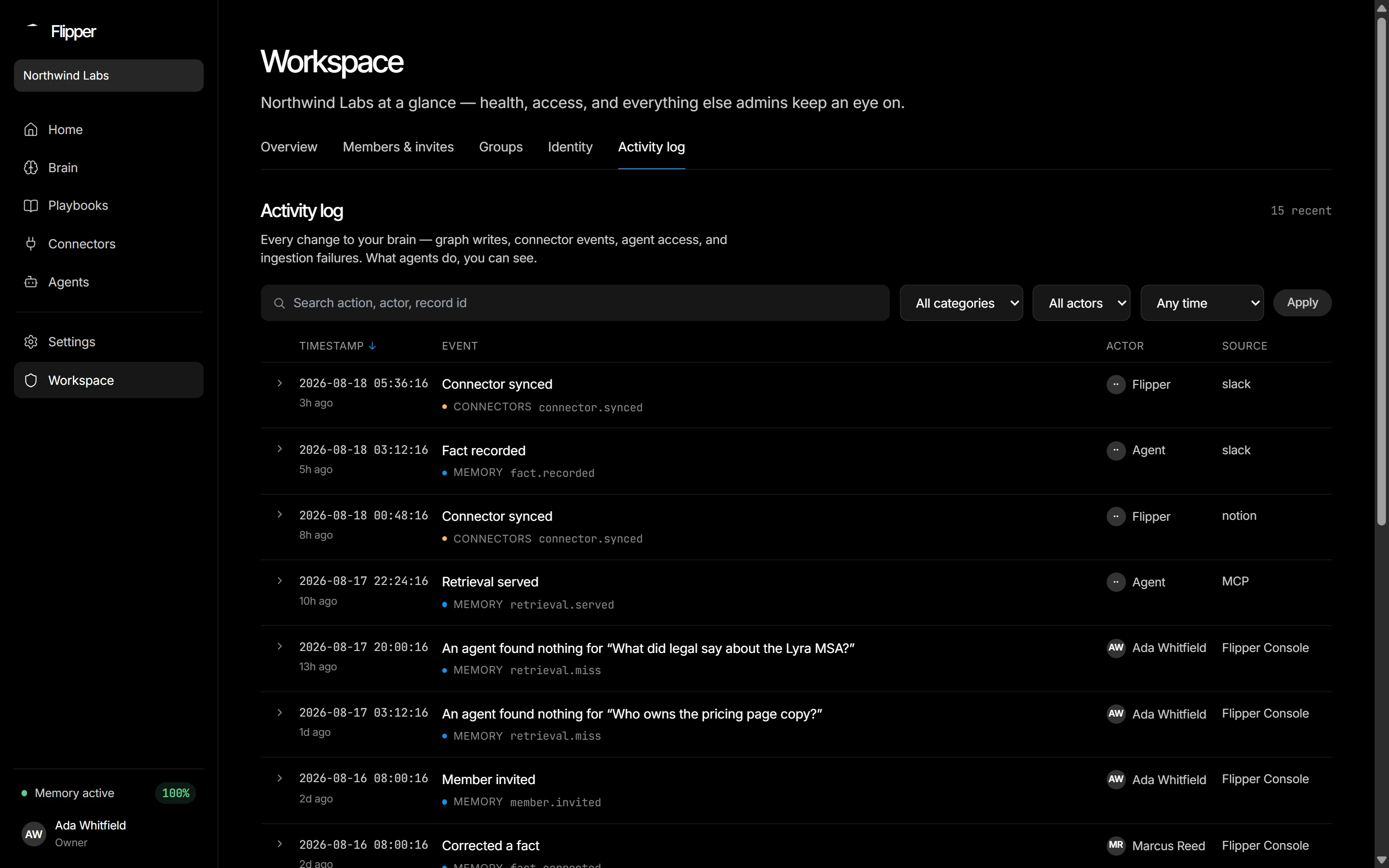 Activity: filters apply server-side across the entire log.