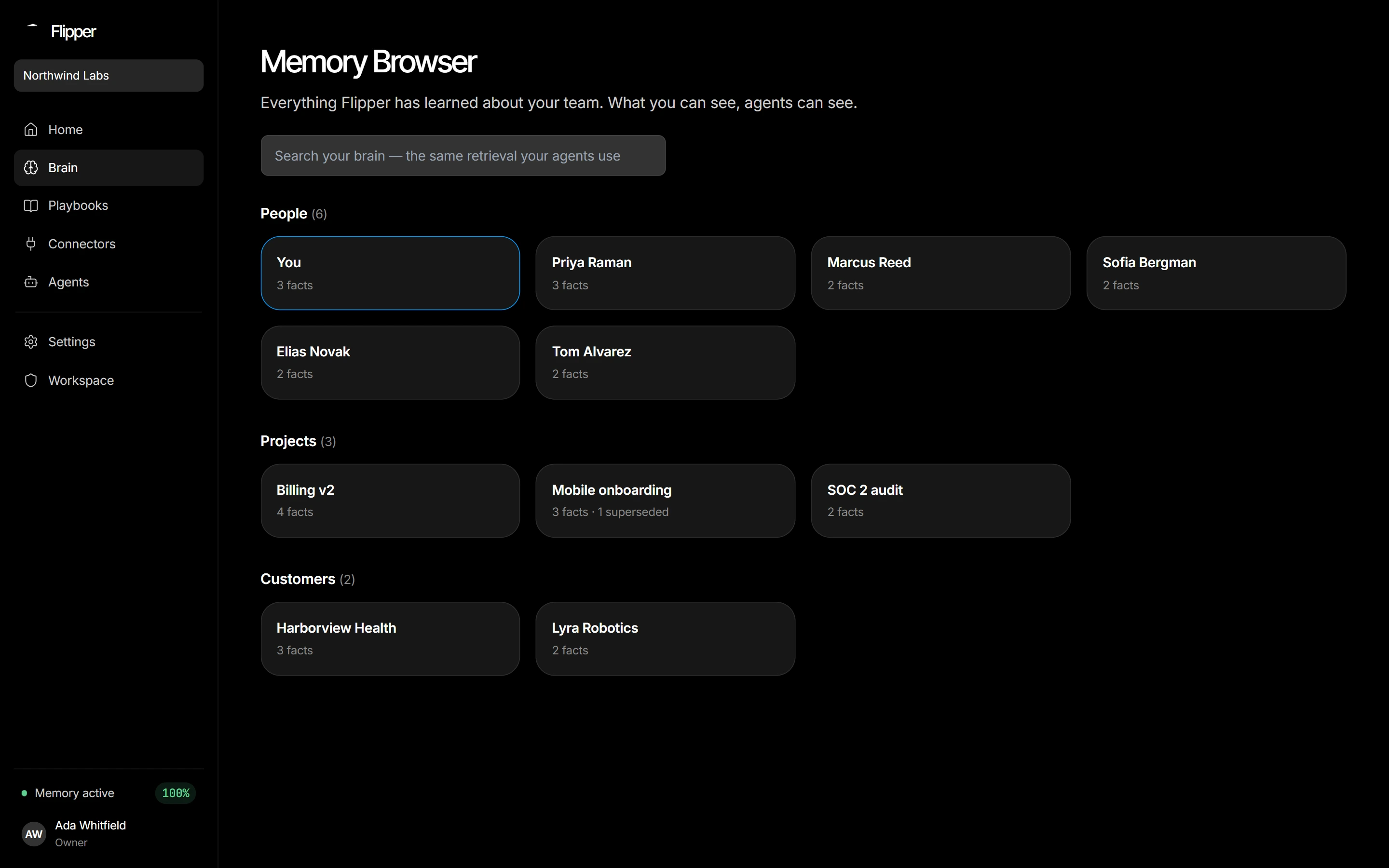 Brain: the entity grid, filtered live as you type.
