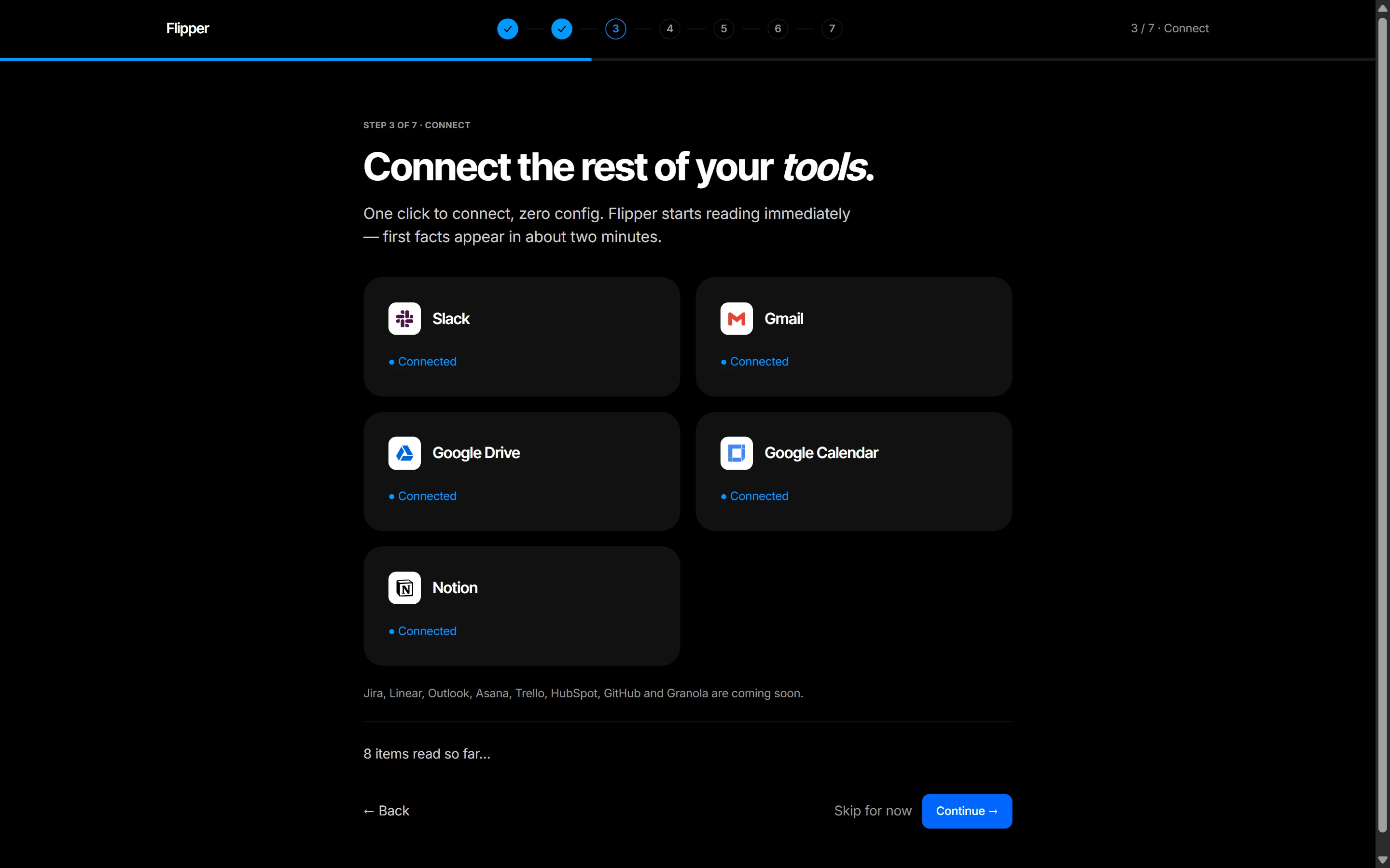 Step 3: Google and Slack connect with a single OAuth pop-up; Notion, Jira and Trello take a pasted credential.