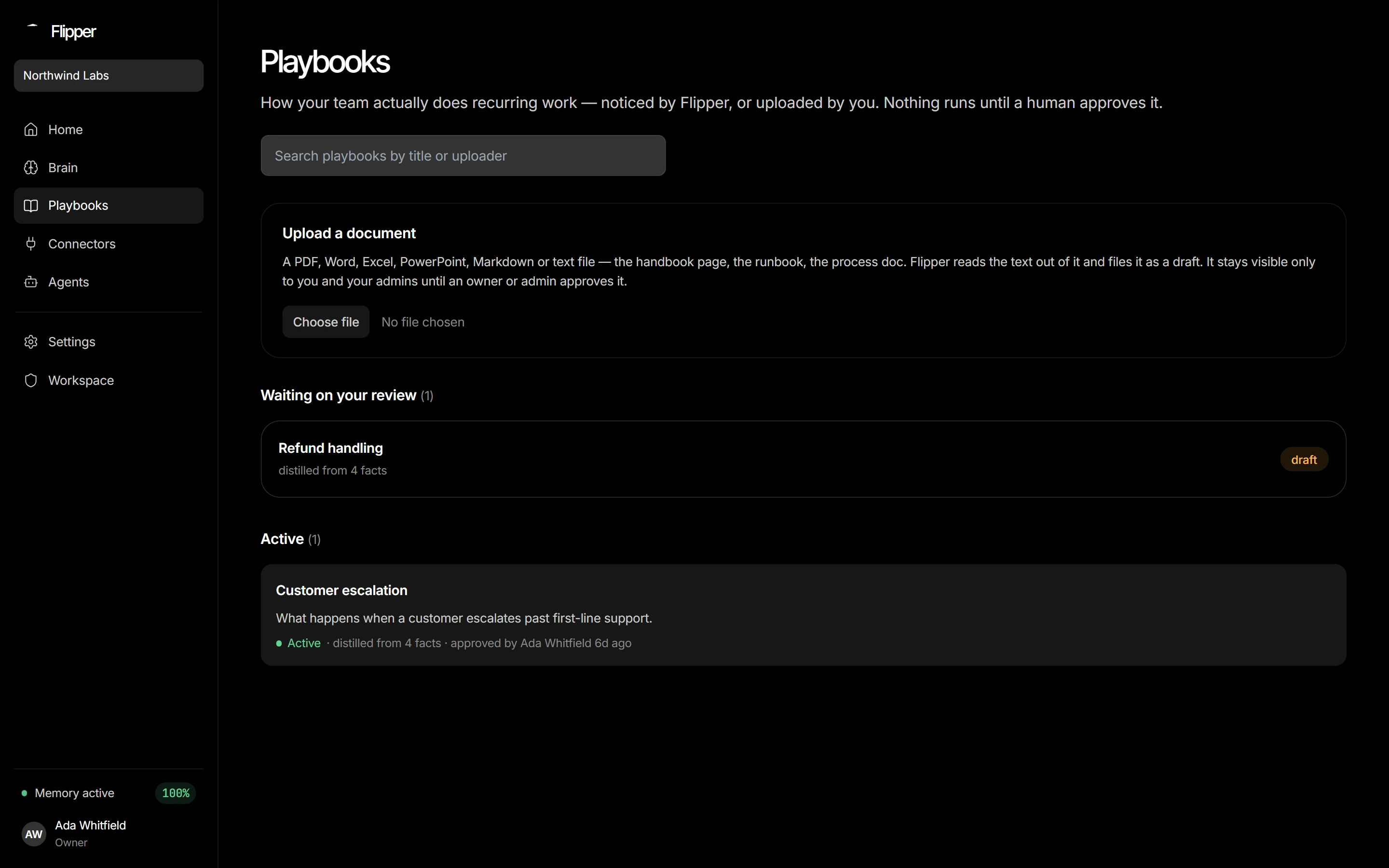 Playbooks: pending review at the top, active below.